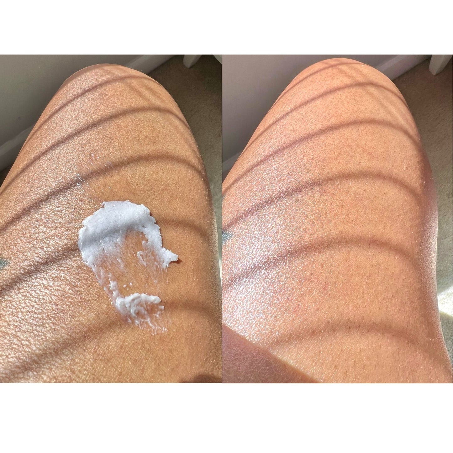 Before-and-after photo showing dry legs and moisturized legs after applying Natural Glow whipped body butter