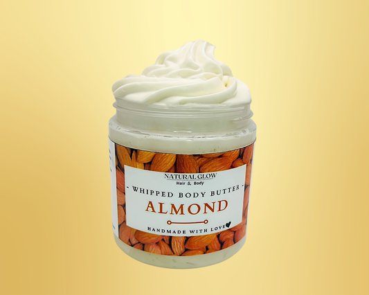 Almond whipped body butter with creamy textured swirl in clear jar