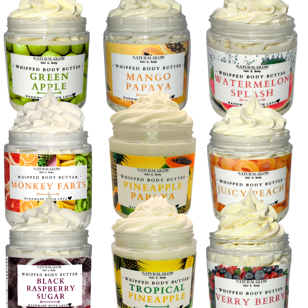 Group of fruity whipped body butter jars with vibrant colors and creamy swirls by Natural Glow Hair & Body handmade shea butter moisturizers
