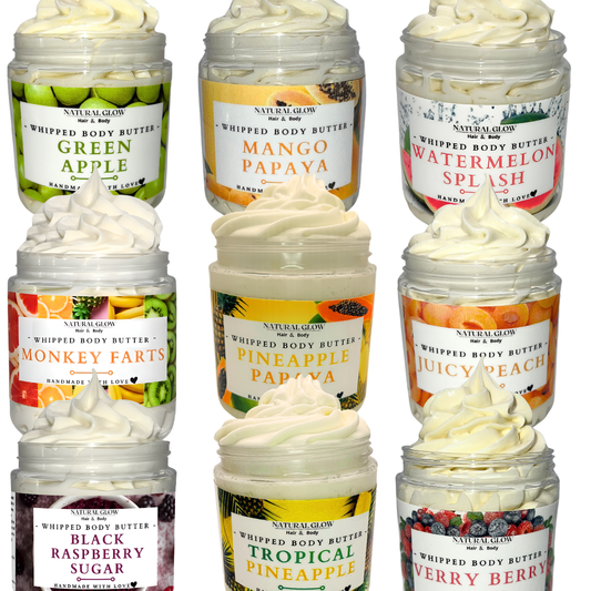 Group of fruity whipped body butter jars with vibrant colors and creamy swirls by Natural Glow Hair & Body handmade shea butter moisturizers