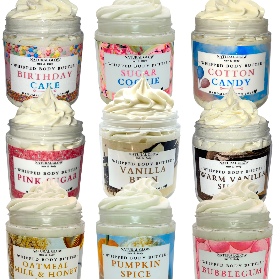 Sweet body butter scent chart with names and descriptions including Birthday Cake, Sugar Cookie, Cotton Candy, Bubblegum, and vanilla blends by Natural Glow Hair & Body