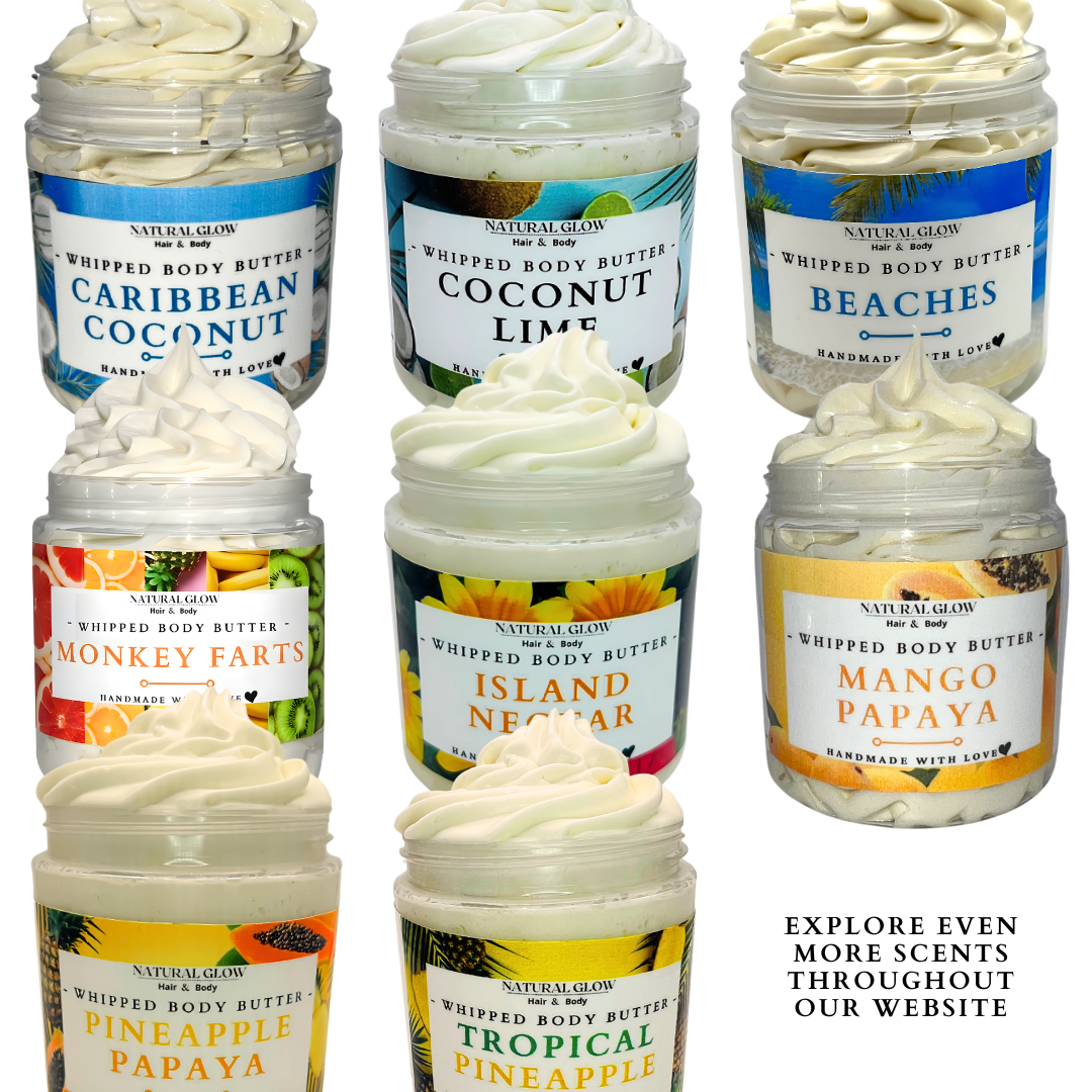 Collection of Teopical whipped body butter jars with various scents and labels.