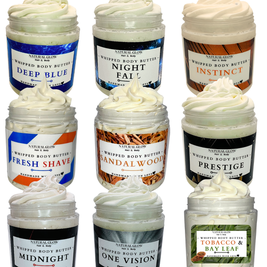 Assorted jars of mens whipped body butter with visible labels.
