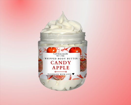 Candy Apple whipped body butter by Natural Glow Hair & Body with sweet fruity apple scent and rich creamy shea butter texture for soft moisturized skin