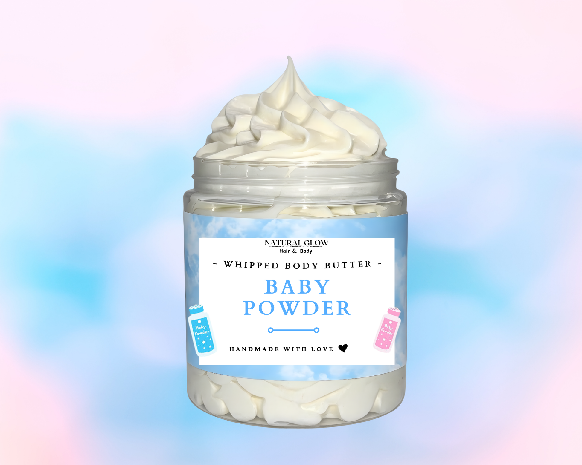 Baby Powder whipped body butter by Natural Glow Hair & Body with soft clean powdery scent and rich creamy shea butter texture for smooth moisturized skin