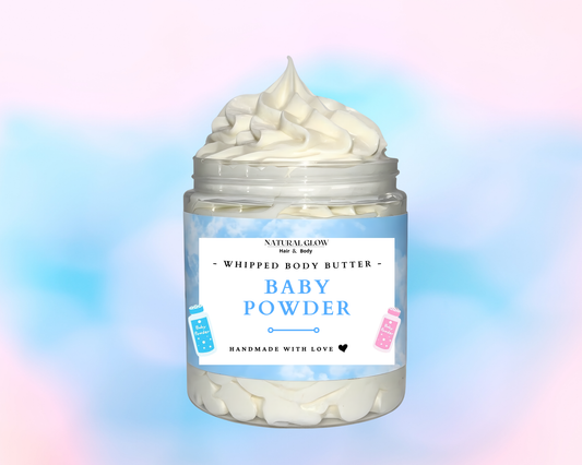 Baby Powder whipped body butter by Natural Glow Hair & Body with soft clean powdery scent and rich creamy shea butter texture for smooth moisturized skin