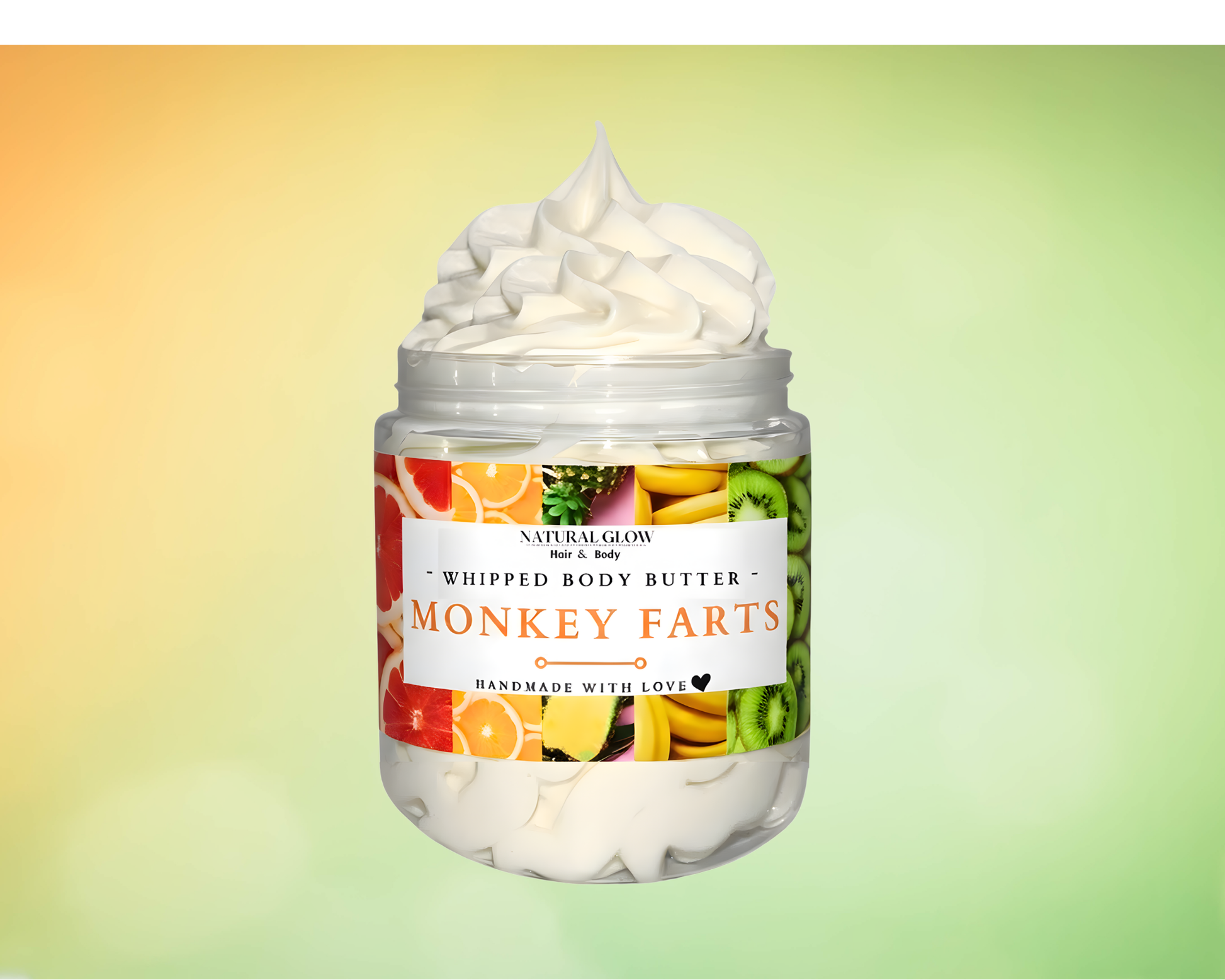 Monkey Farts whipped body butter by Natural Glow Hair & Body with fun tropical fruity scent and rich creamy shea butter texture for soft moisturized glowing skin