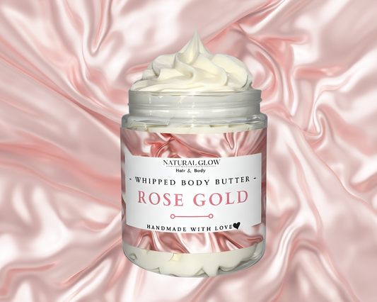 Rose Gold whipped body butter by Natural Glow Hair & Body with soft elegant floral fruity scent and rich creamy shea butter texture for smooth glowing skin