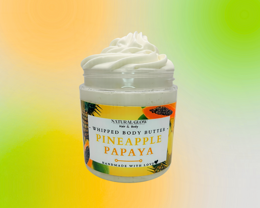 Pineapple Papaya body butter in jar with smooth whipped finish