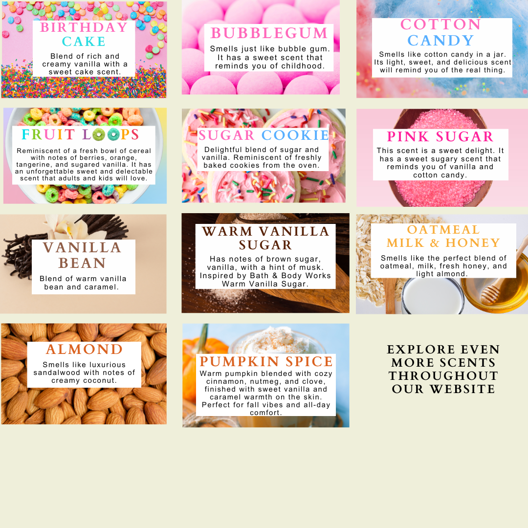 Sweet and dessert whipped body butter scent guide featuring bakery and candy inspired scents with descriptions by Natural Glow Hair & Body