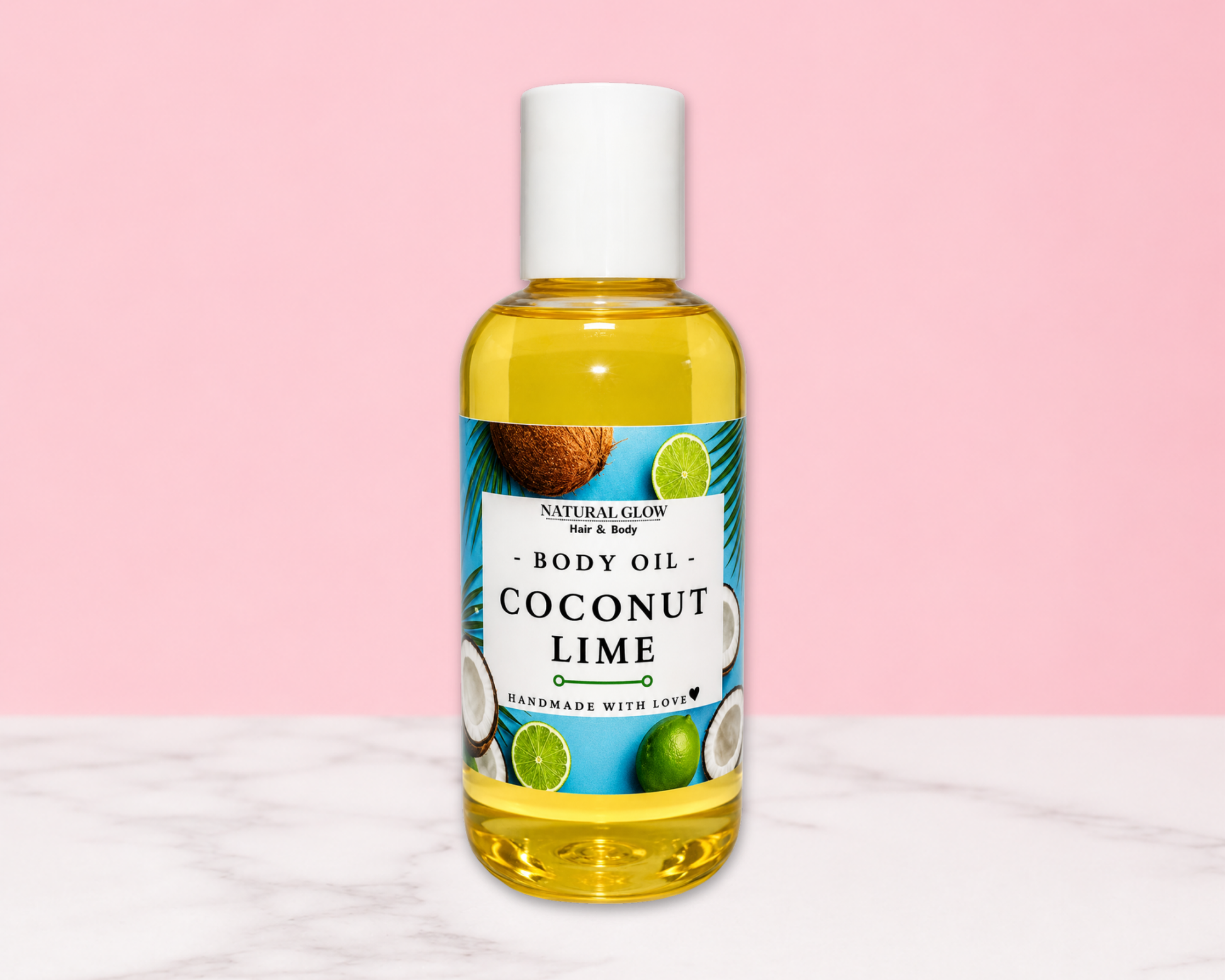 A bottle of Natural Glow Coconut Lime Body Oil, filled with yellow oil and featuring a white cap, set against a pink and white background.