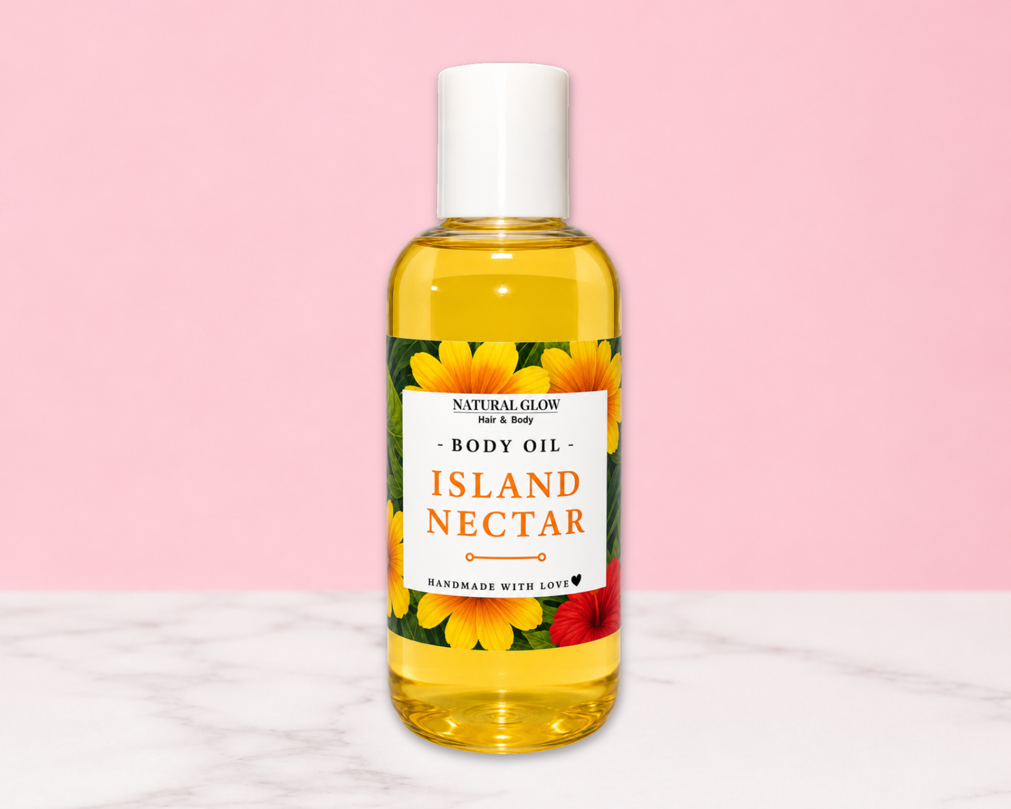 A bottle of Natural Glow Body Oil Island Nectar with a white cap, set against a pink and white background.