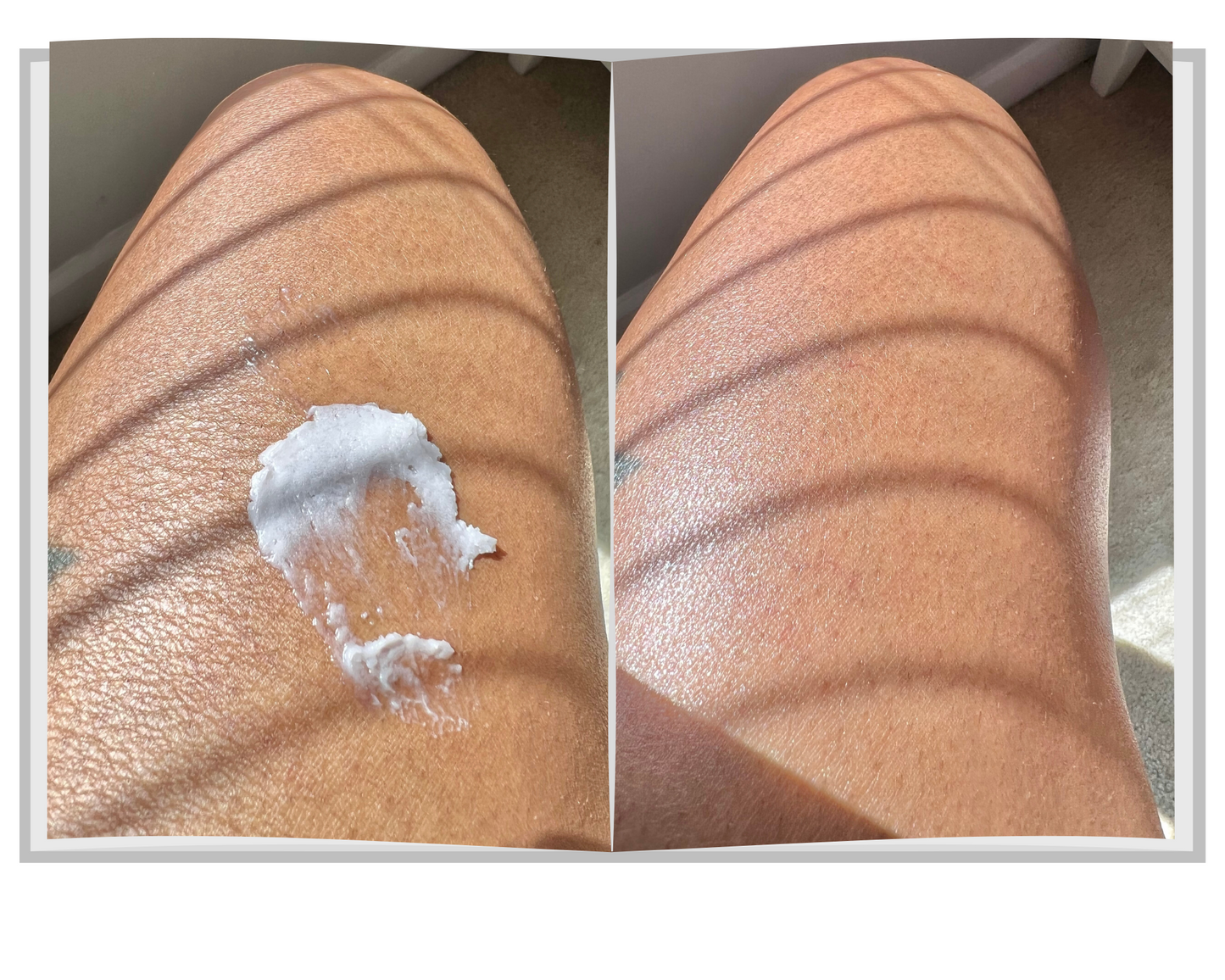 Before-and-after photo showing dry legs and moisturized legs after applying Natural Glow whipped body butter