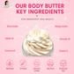 Natural Glow whipped body butter key ingredients including shea butter, mango butter, jojoba oil, avocado oil, coconut oil, and vitamin E