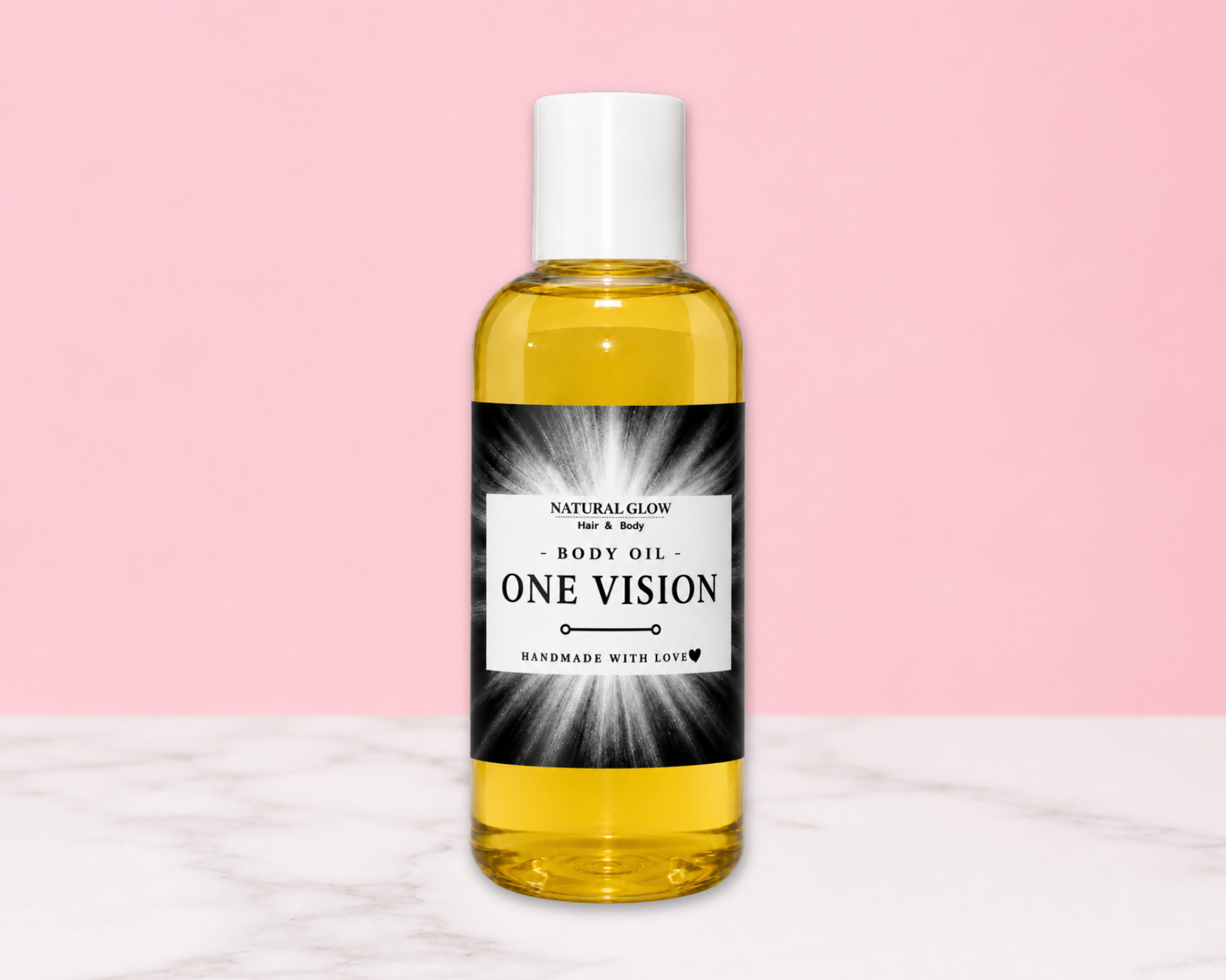 A bottle of Natural Glow One Vision Body Oil, filled with golden yellow oil, featuring a black and white label, set against a pastel pink background and a white marble surface.