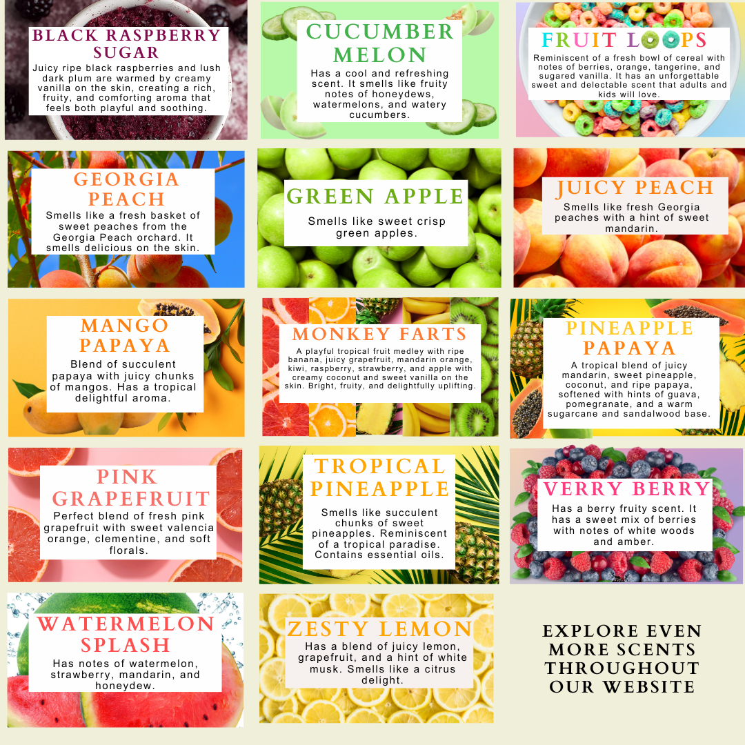 Fruity scent guide collage by Natural Glow Hair & Body featuring fruit inspired whipped body butter scents with descriptions including peach, mango, pineapple, berry, and citrus blends