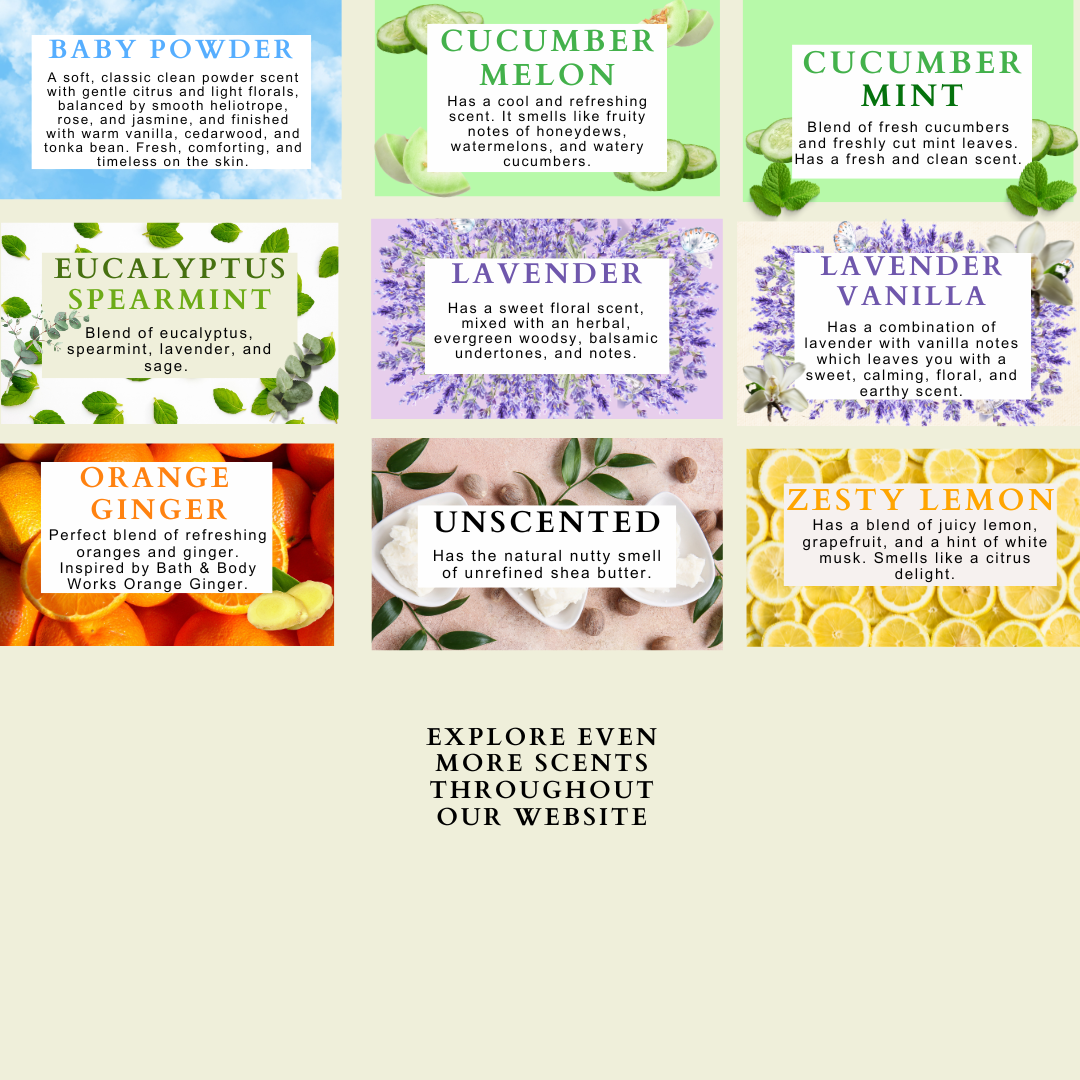 Fresh body butter scent chart with names and descriptions including cucumber, mint, lavender, citrus, and powder inspired blends by Natural Glow Hair & Body