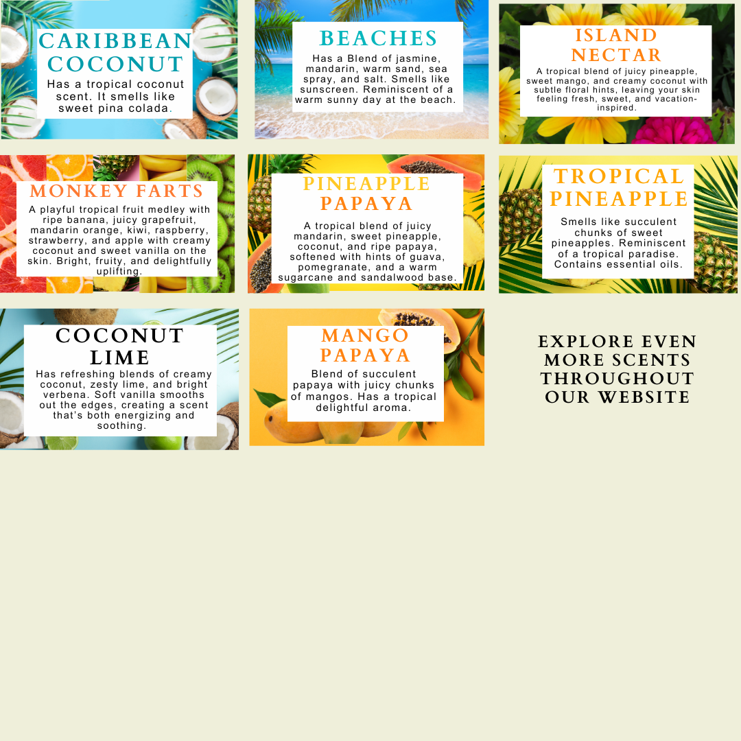 Grid of tropical fruit-themed product labels with descriptions and images.